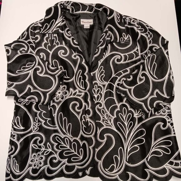 Tan Jay open front jacket in black and white polyester fabric - Picture 1 of 6